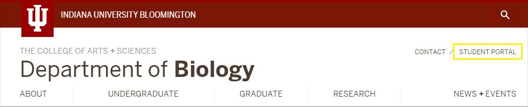 Header of the Biology website showing the student portal link