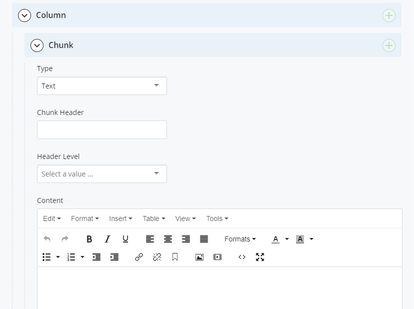 Screenshot of column and chunk fields for content input