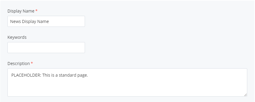screenshot of display name field, keywords field, and description field