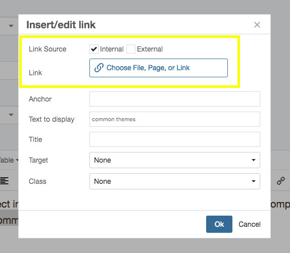 Internal link insert box screenshot