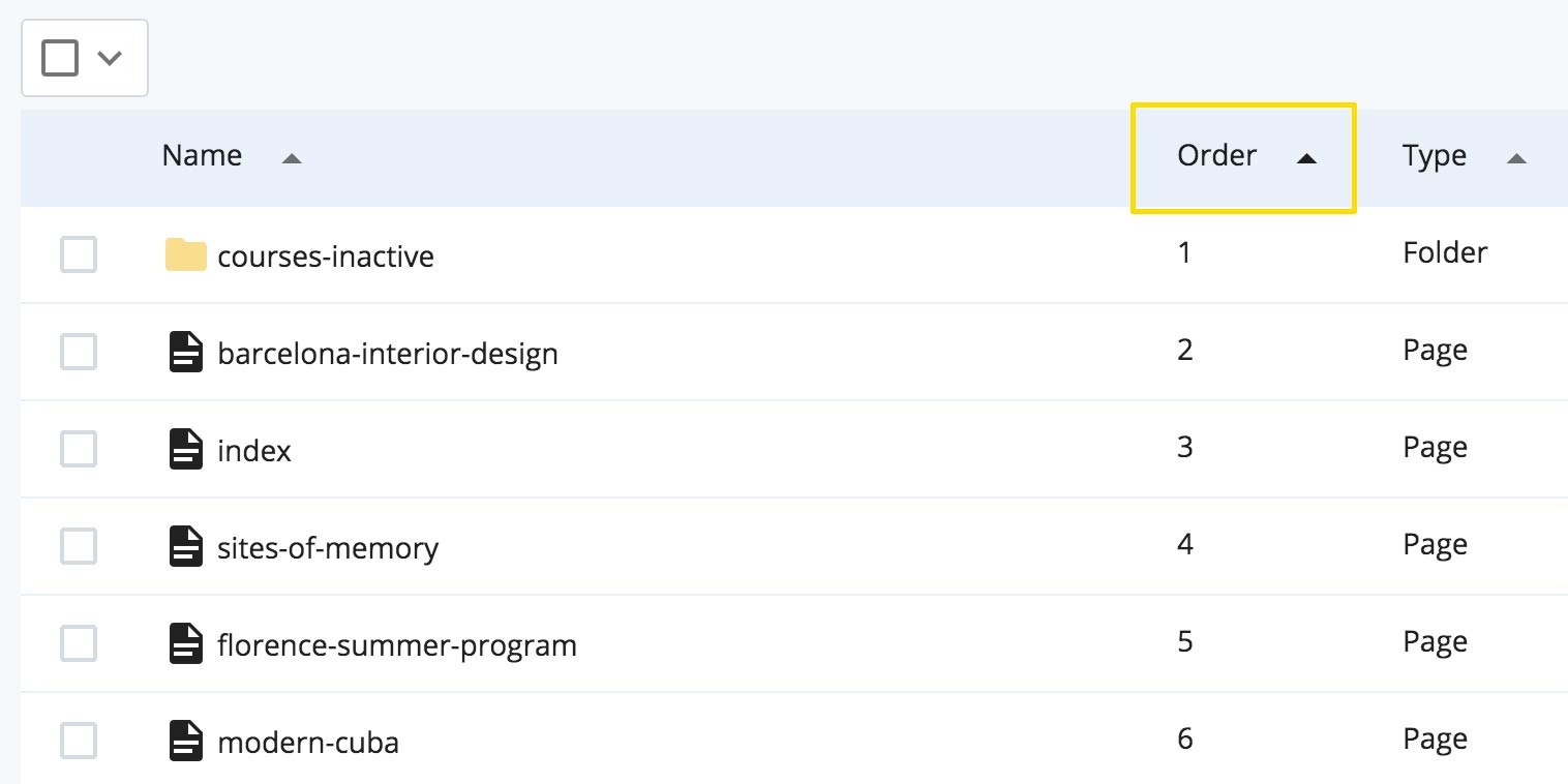 Screenshot of the location of how to order the list of items in the WCMS