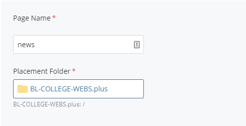Screenshot of page name field and placement folder selector