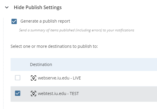 screenshot of publish settings