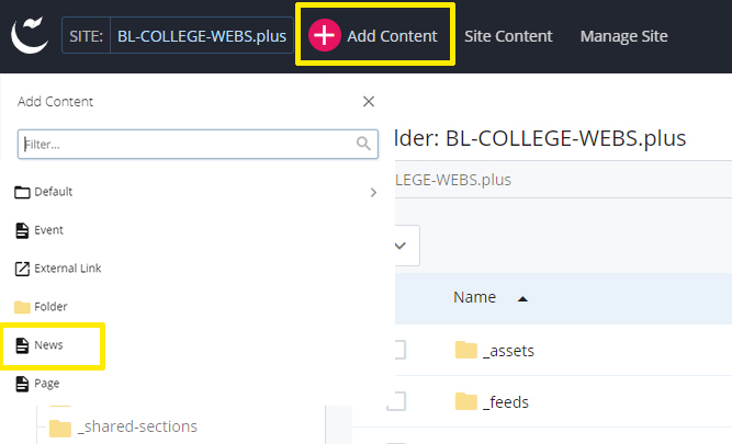 screenshot of the wcms add content button and add news button